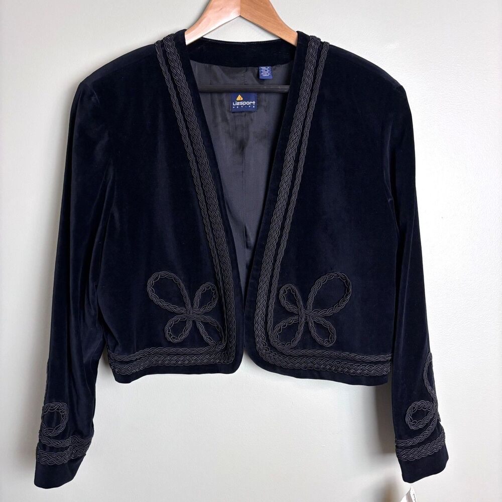 NWT VTG 90s Lizsport Velvet Bolero Jacket 12P Black Soutache Trim Whimsigoth